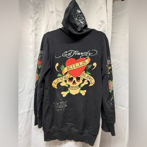 Ed Hardy VTG CHRISTIAN AUDIGIER Love Kills Slowly Hoodie Large SKULL Grunge Y2K - Picture 2 of 10